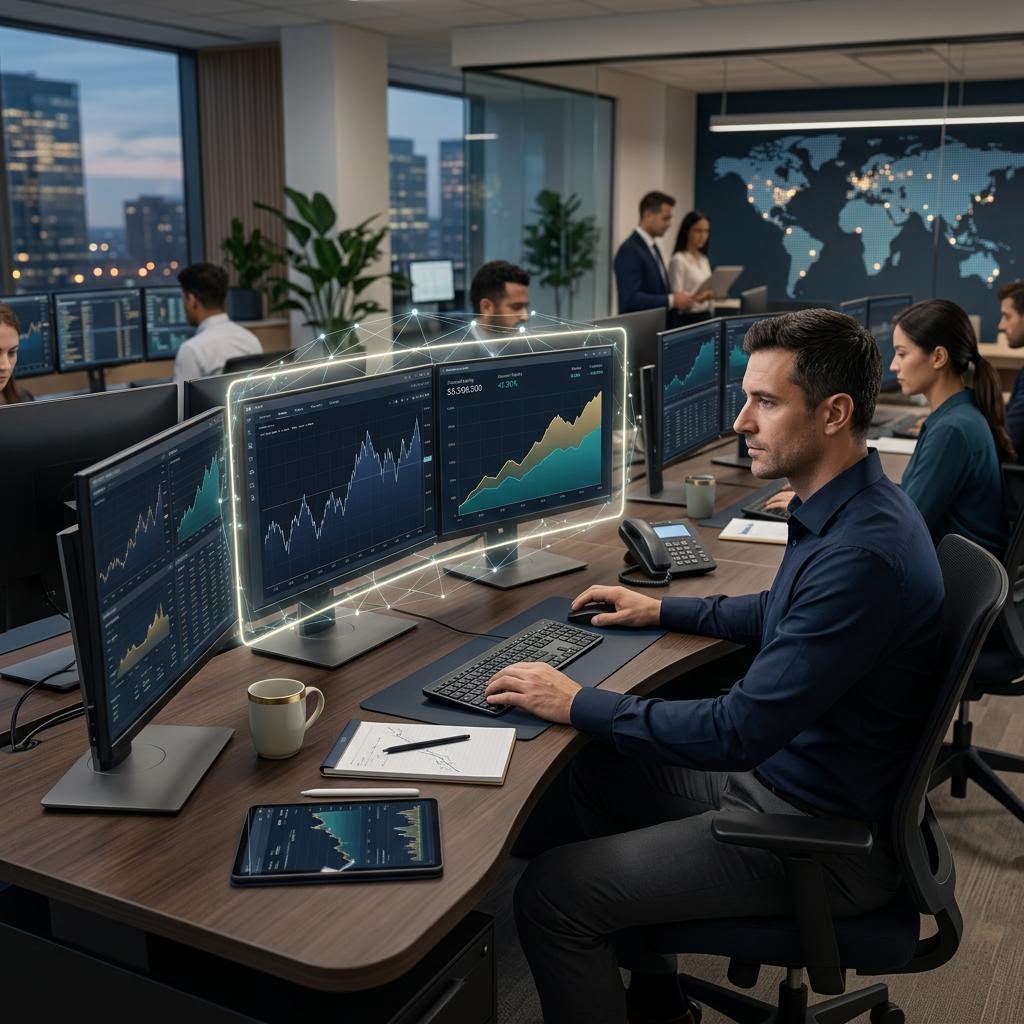 Global home office with a clock wall showing different time zones and a calm trading desk