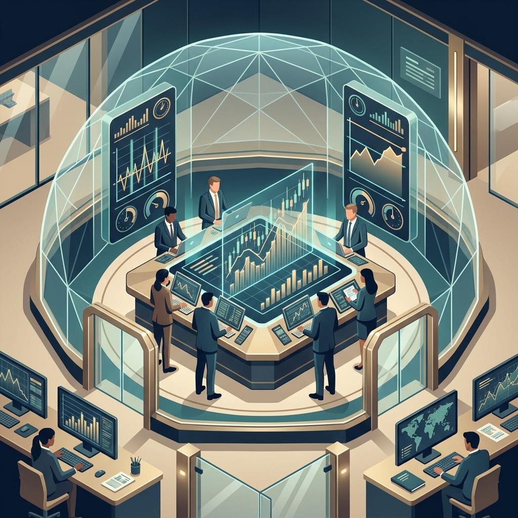 A glowing risk gauge stopping before a red boundary on a trading desk