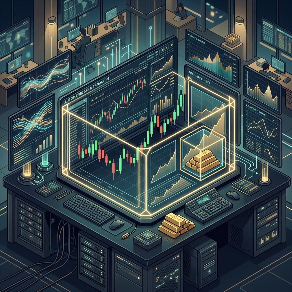 Gold bars and a risk gauge on a clean trading desk