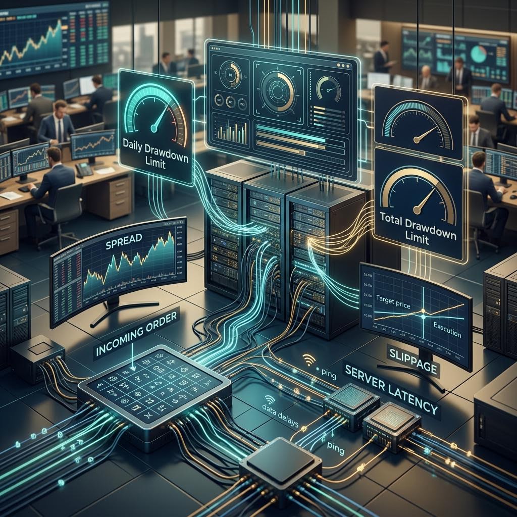 Several market charts connected by subtle correlation lines above a desk