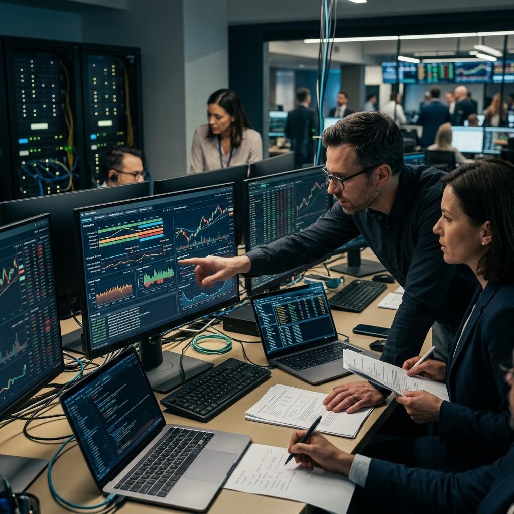 Nighttime server room with a trader monitoring a secure remote desktop