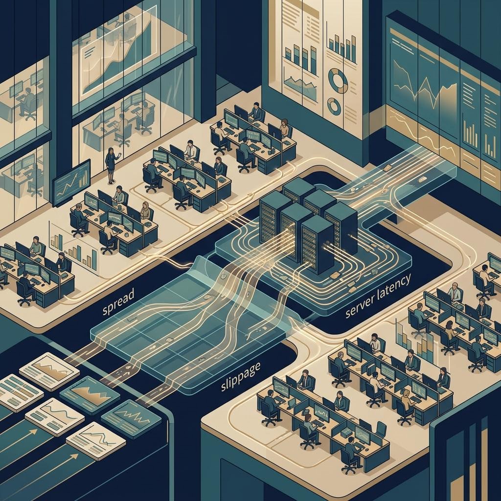 A clock, world map, and server rack arranged around a disciplined trading desk