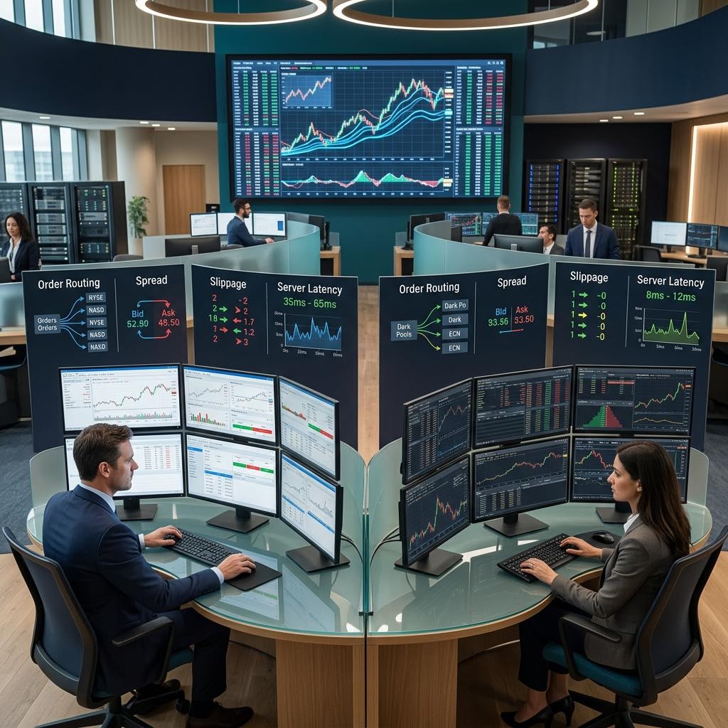 Secure cloud server rack connected to a desktop trading workstation in a dark studio