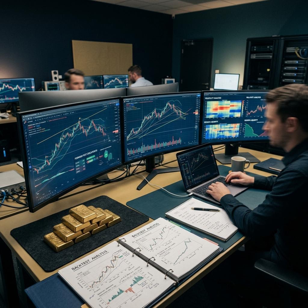 Volatile golden price line crossing calm blue grid lines