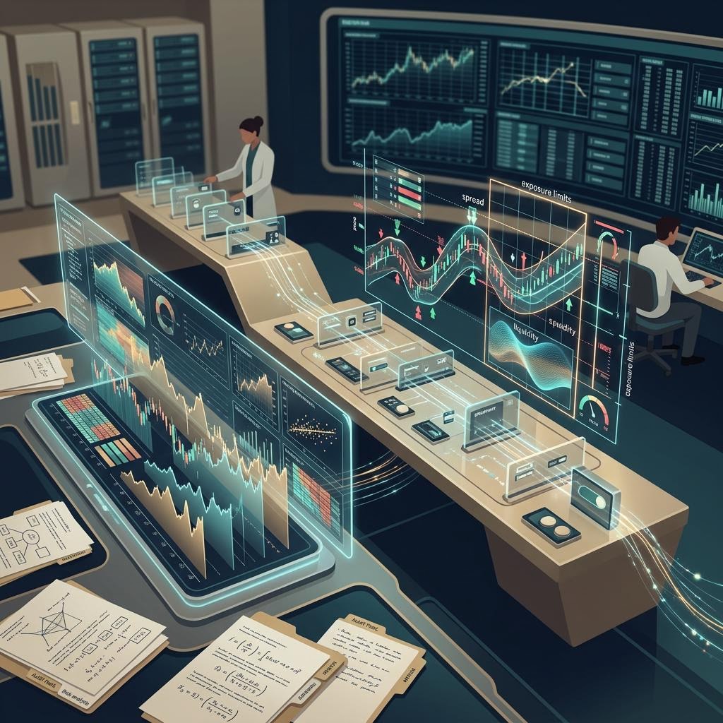 Night city skyline behind a desk with a running automated trading terminal