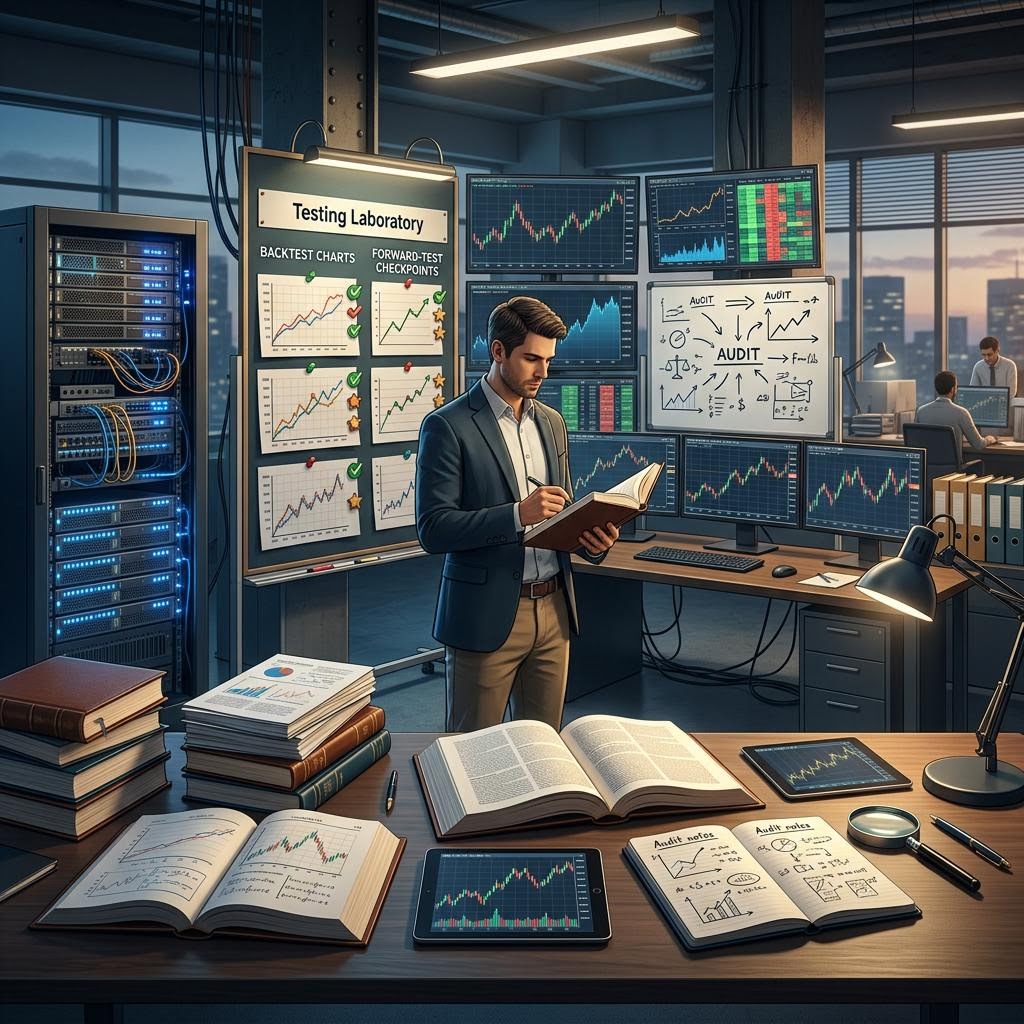 Futures trader monitoring a disciplined algorithm in a modern office