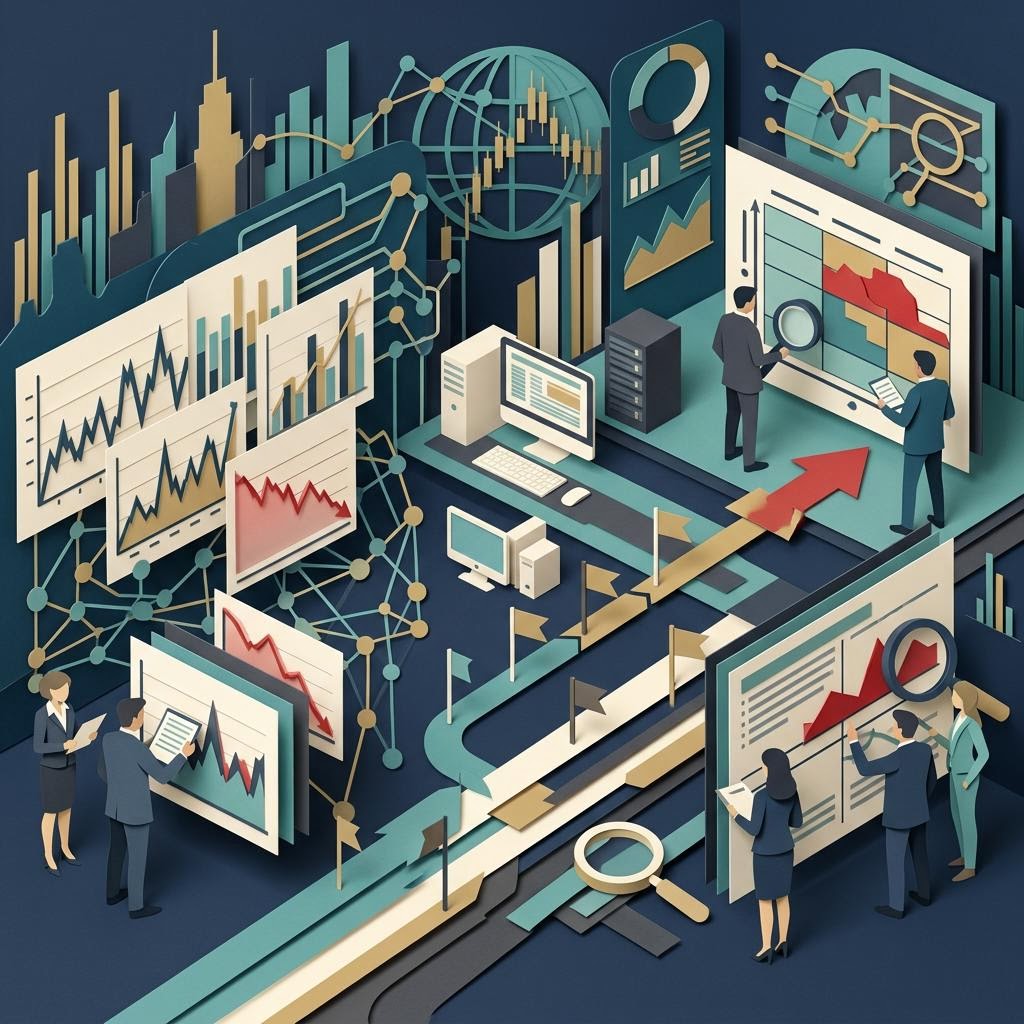 Diversified market charts connected by subtle correlation lines