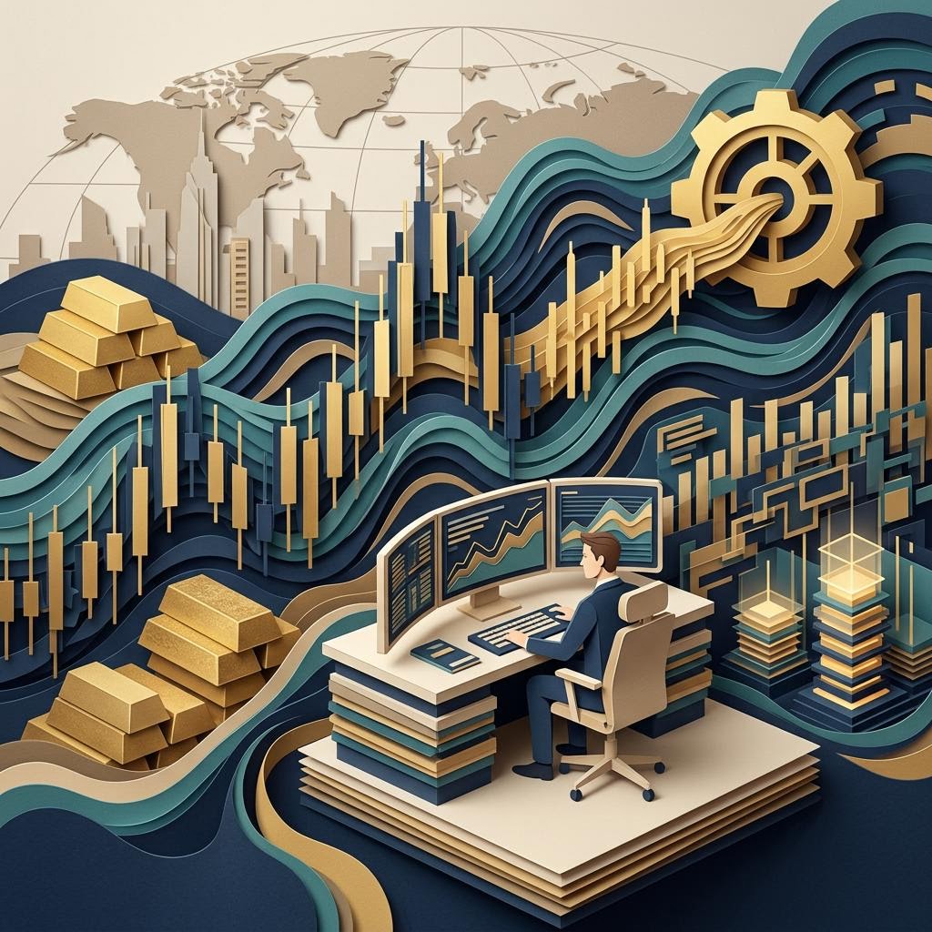 Trader checking a calendar while gold coins rest beside a keyboard