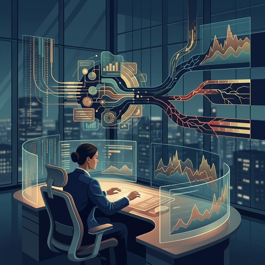 Economic calendar scene beside a paused automated trading terminal