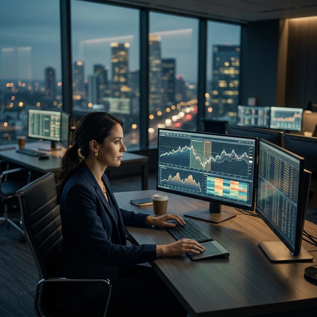 Global network lines connecting trading desks across a dark world map