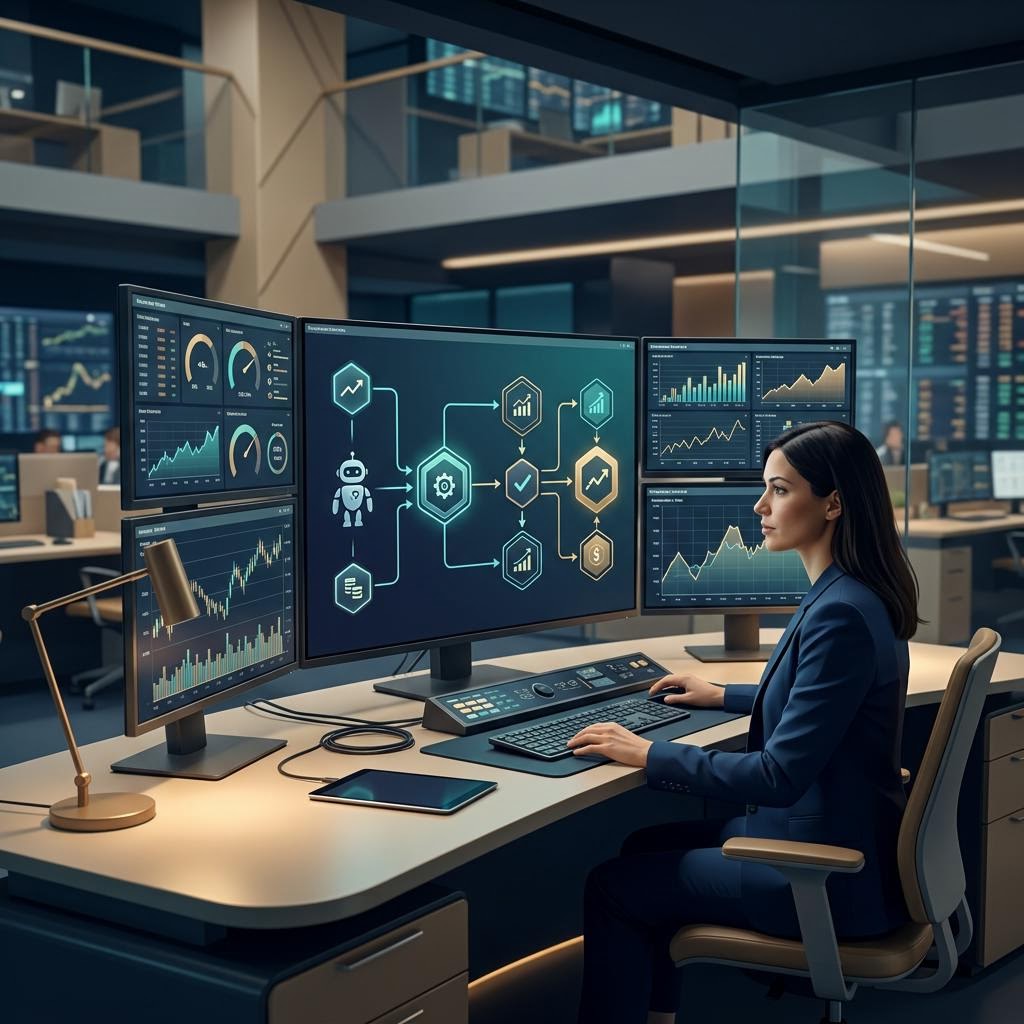 Risk manager studying connected currency pair lines on a large screen