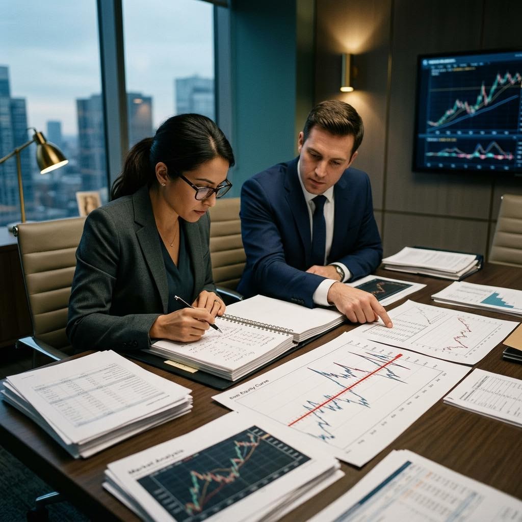 Trader reviewing a checklist beside an open laptop and calculator