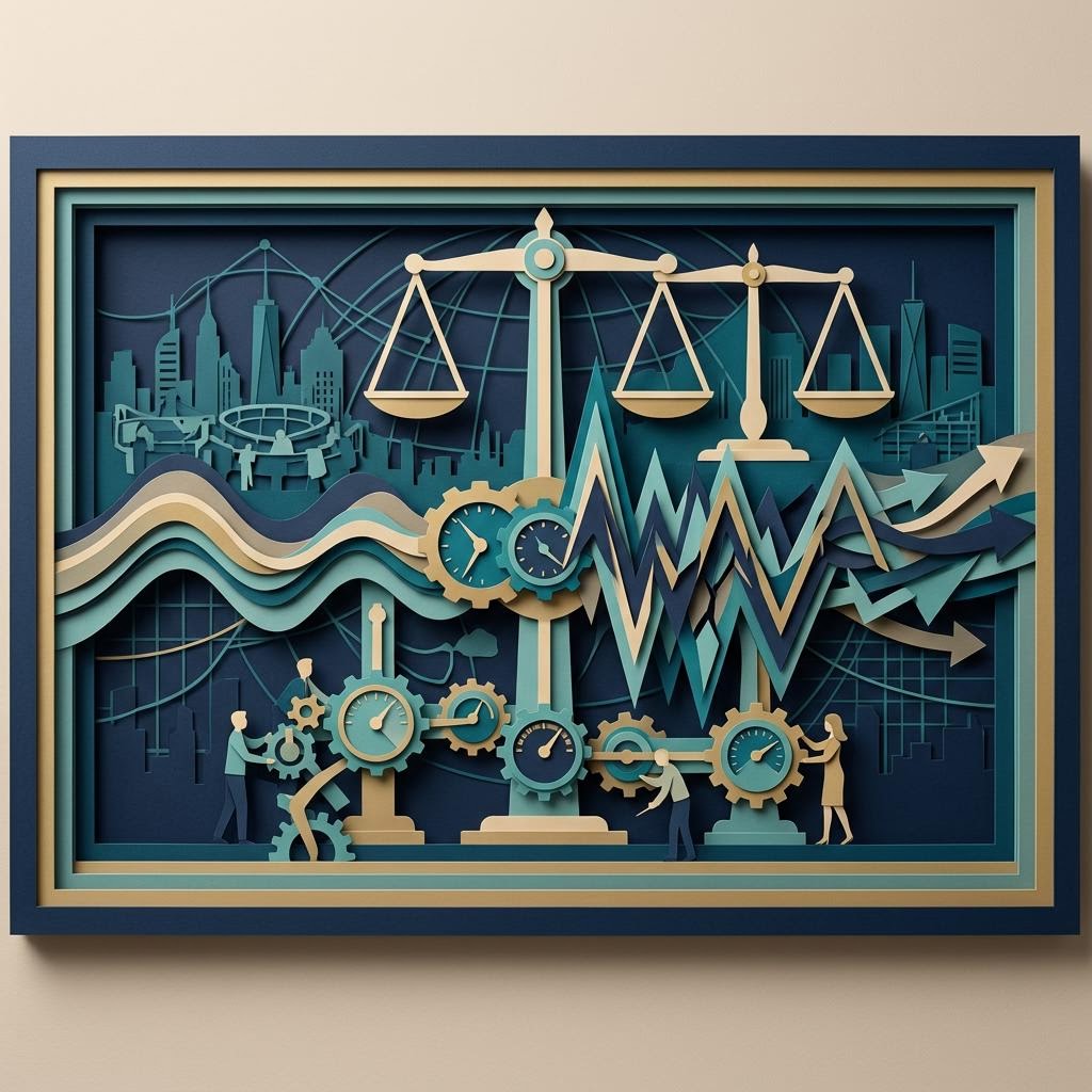 A clock, world map, and economic calendar surrounding a focused trader