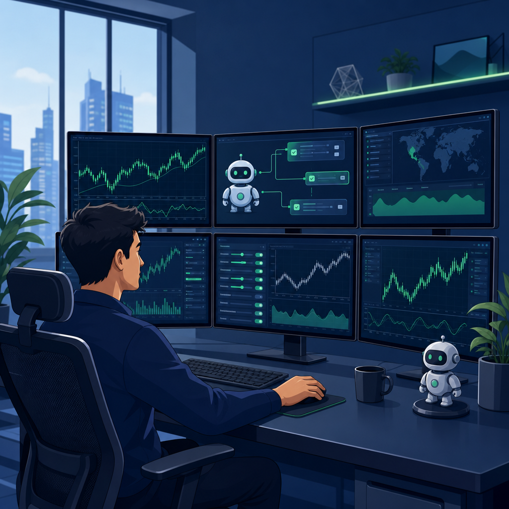 How to avoid blowing a funded account: Cartoon illustration of a trader configuring an automated trading system