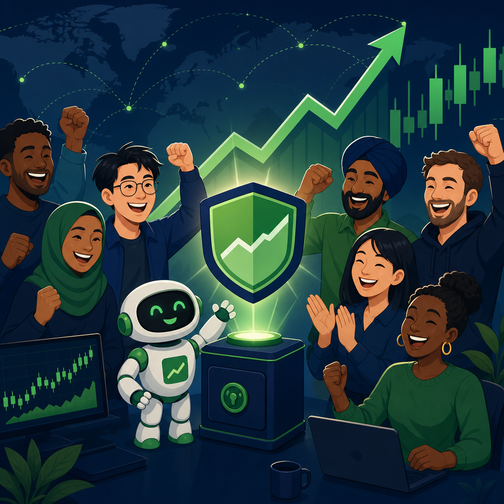 How to avoid blowing a funded account: Cartoon illustration of global traders reaching a funded account milestone