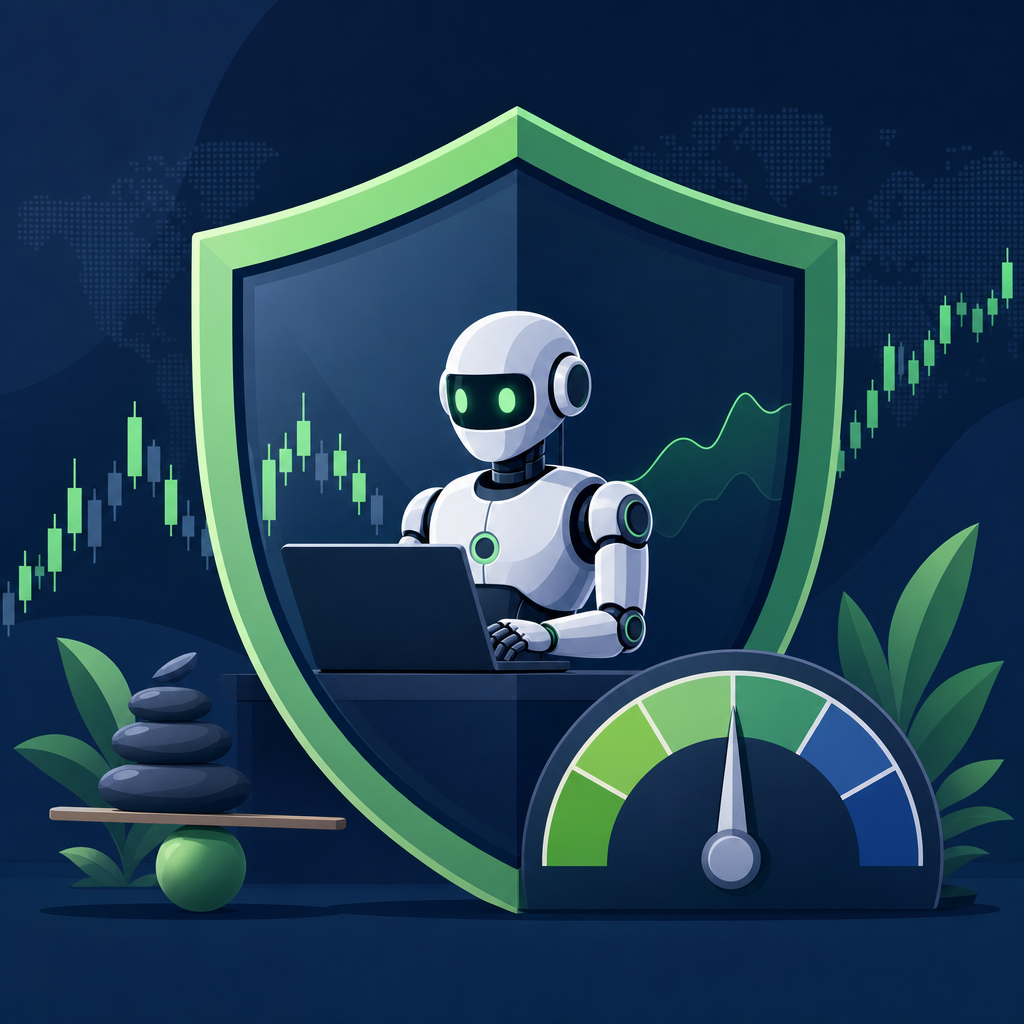 How to avoid blowing a funded account: Cartoon illustration of automated trading risk controls protecting an account