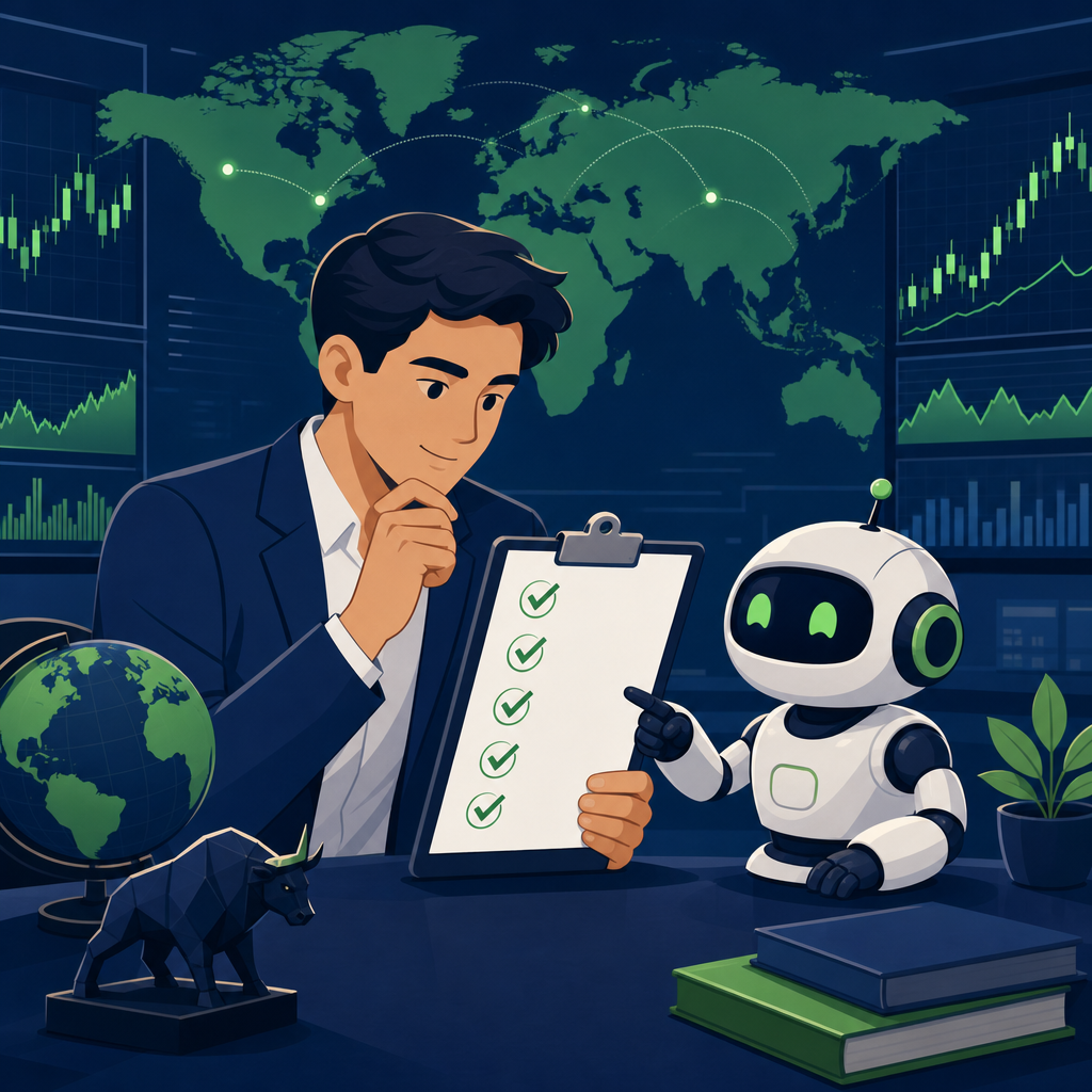 How to avoid blowing a funded account: Cartoon illustration of a trader reviewing prop firm rules with a trading bot