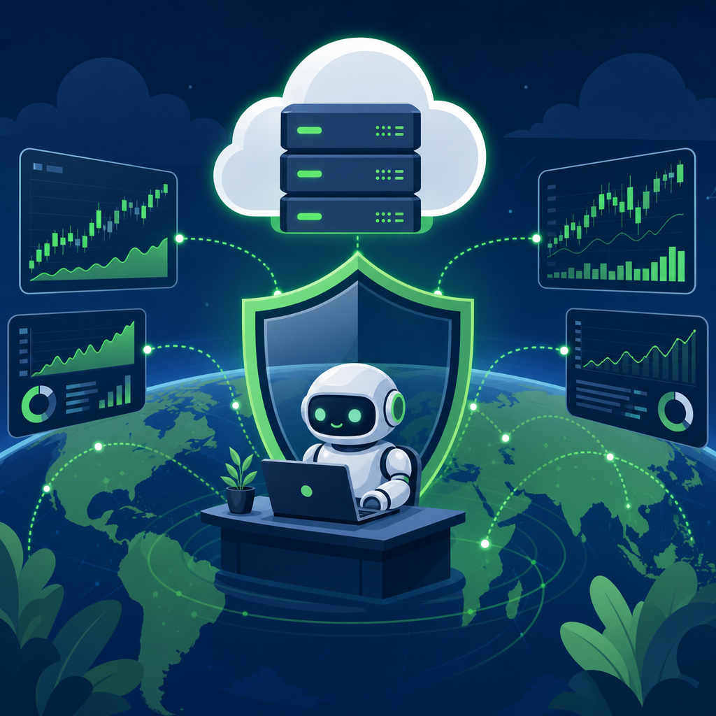How to avoid blowing a funded account: Cartoon illustration of a cloud VPS monitoring an automated trading system